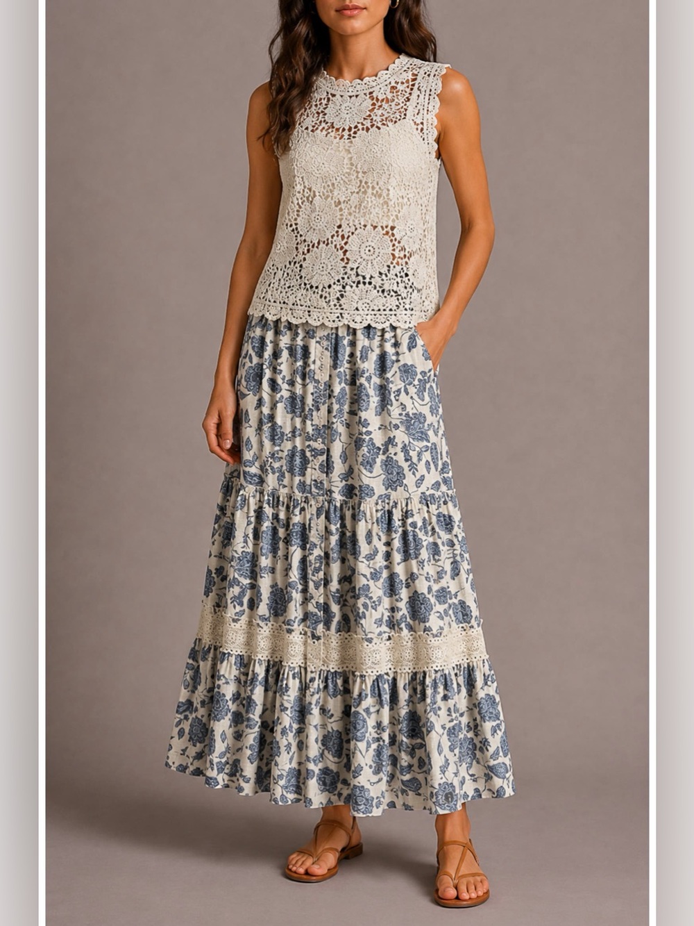 Nanette Nanette Lepore Blue Cream Floral Tiered Lace Trim Midi Skirt XL